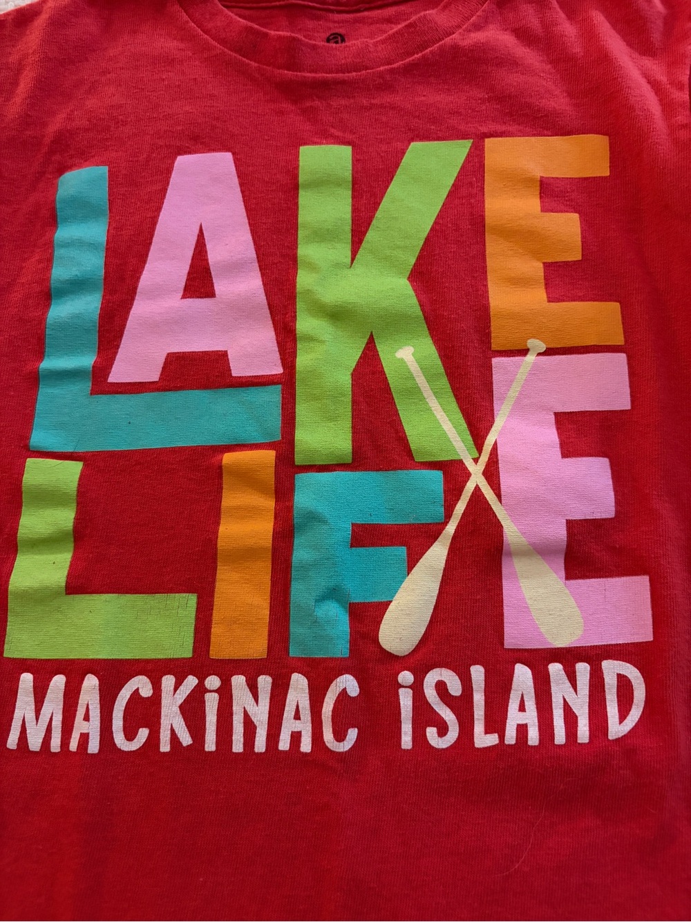 Artisan Red Kids Tee with Colorful 'LAKE LIFE' Paddle Graphic